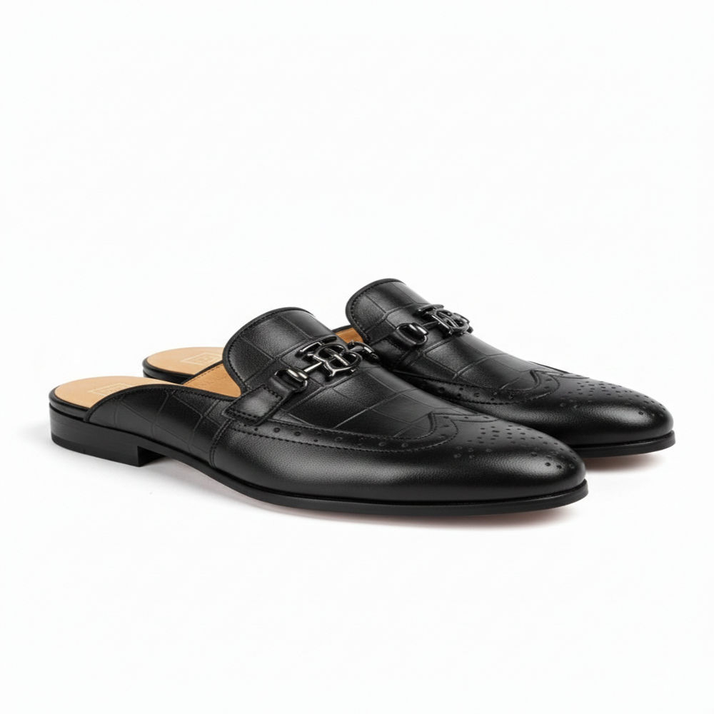 Black Leather Slip On Mule Shoe with Crocodile Pattern and Brogue Design